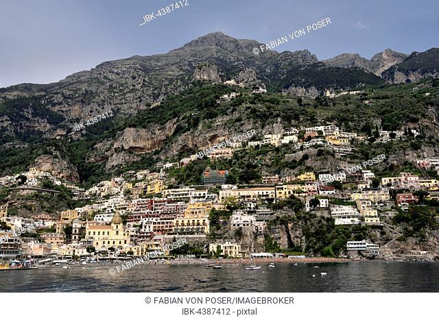 City View Positano with its church of Santa Maria Assunta, Amalfi Coast, Costiera Amalfitana, Province of Salerno, Campania, Italy