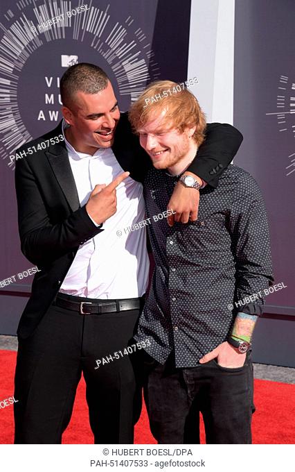 British singer Ed Sheeran and British director Emil Nava arrive on the red carpet for the 31st MTV Video Music Awards at The Forum in Inglewood, California, USA