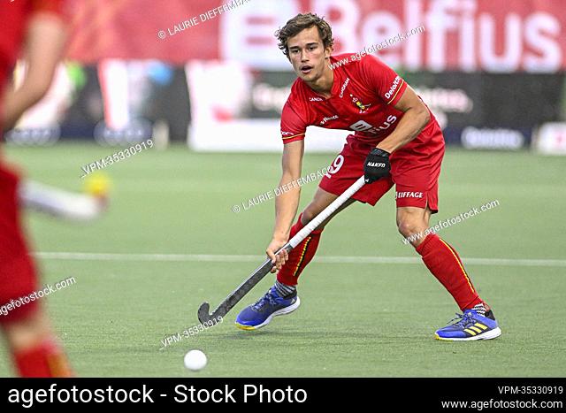 Belgium's Maxime Van Ooste pictured in action during a hockey match between the Belgian Red Lions and Spain in the group stage (game 7 out of 16) of the Men's...