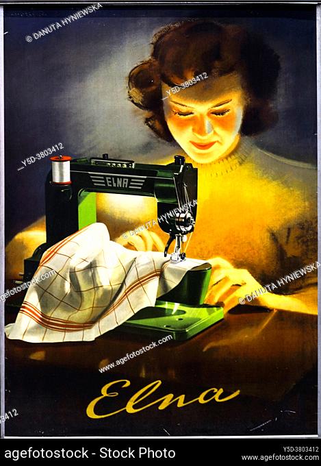 Anonymous poster from 1946 titlled 'Elna'. Elna is Swiss brand of sewing machine, founded in 1934 in Meyrin in canton Geneva