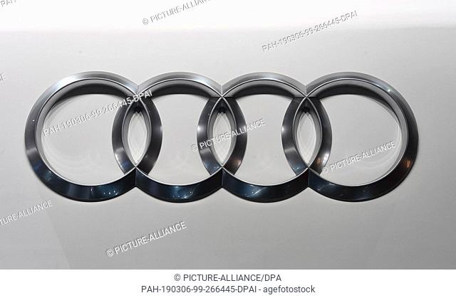 06 March 2019, Switzerland, Genf: An Audi logo, taken on the second press day. The 89th Geneva Motor Show starts on 7 March and lasts until 17 March