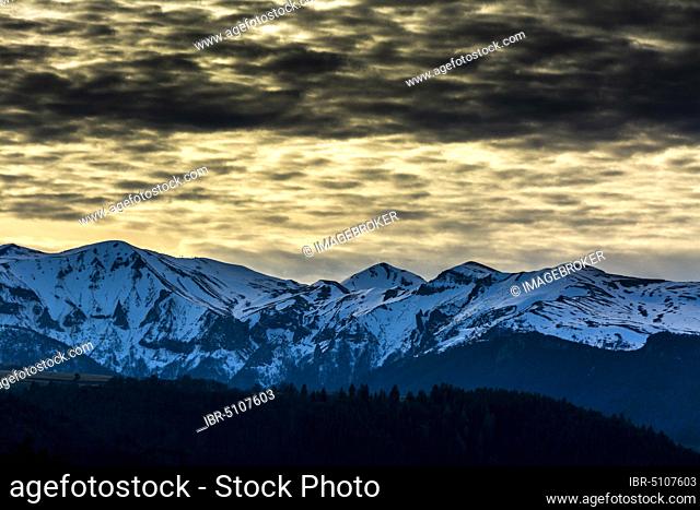 View on Sancy Massif in winter, Regional Natural Park of the Auvergne volcanoes, Puy de Dome department, Auvergne-Rhone-Alpes, France, Europe