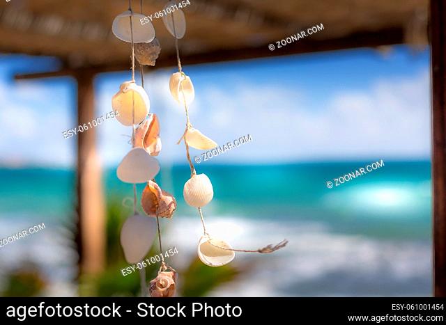 Nautical style hanging seashells decoration, summertime sea vacation background