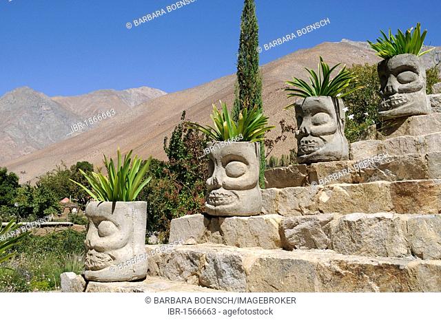 Stone heads, plants, garden, flower pots, stone stairs, Pisco Mistral Pisco distillery, national drink, Pisco Elqui, village, Vicuna, Valle d'Elqui