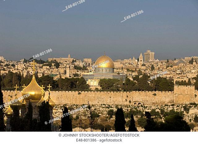 Russian orthodox church domes and dome of the rock temple mount old city jerusalem. Israel