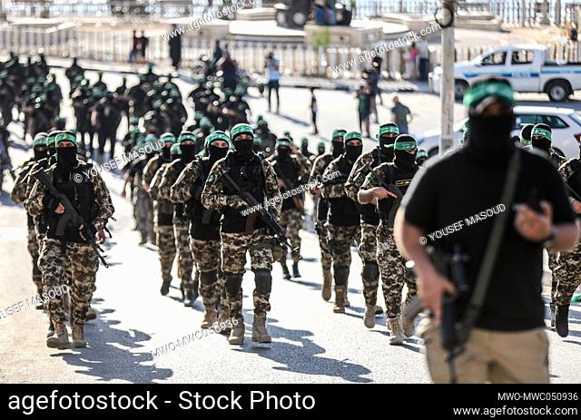 Gunmen from the Izz al-Din al-Qassam Brigades, the military wing of Hamas, during an anti-Israel military march in Gaza City, Gaza Strip. Palestine