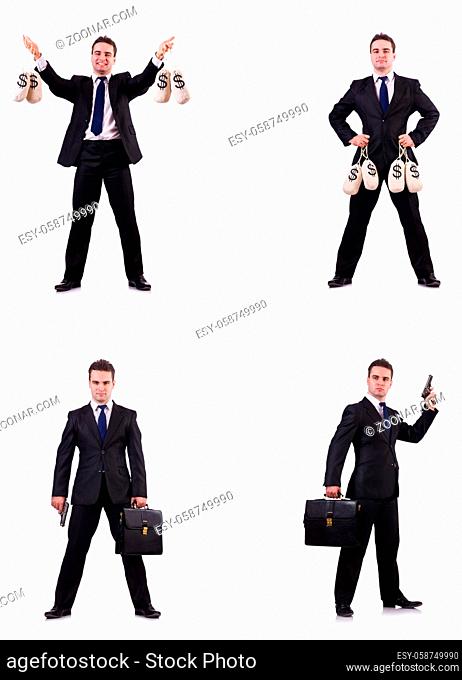 Businessman with money sacks, briefcase and handgun