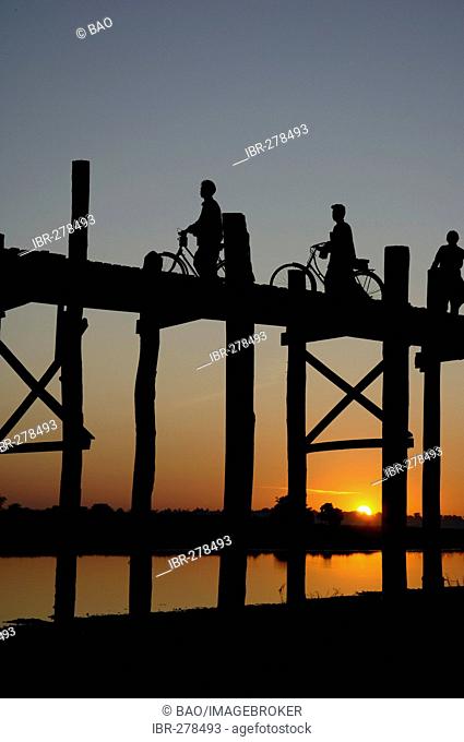 The U-Bein-bridge at the Taungthaman-lake, Mandalay, Myanmar, Burma