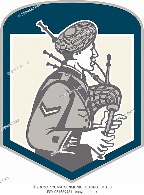 Illustration of a scotsman bagpiper playing bagpipes viewed from side set inside shield crest on isolated background done in retro woodcut style