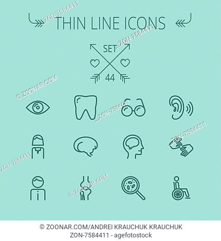 Medicine thin line icon set for web and mobile. Set includes- tooth, eye, ear, hands, bone, brain, human icons. Modern minimalistic flat design