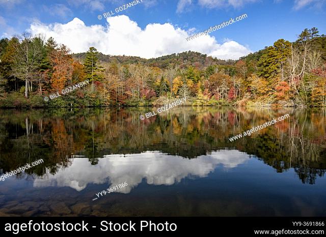 Fall color reflections on Straus Lake - Brevard, North Carolina, USA