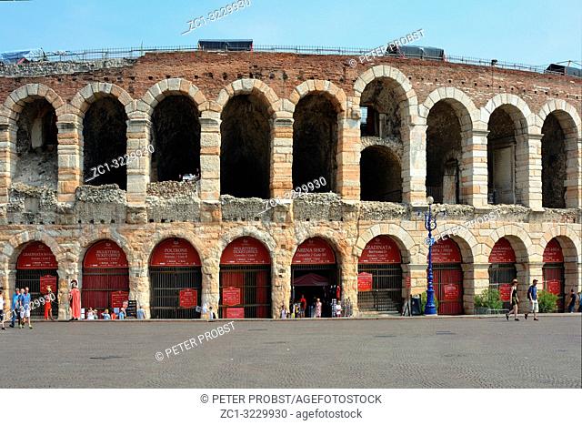 Roman amphitheatre Arena di Verona at the Piazza Bra square in the historic centre of Verona - Italy