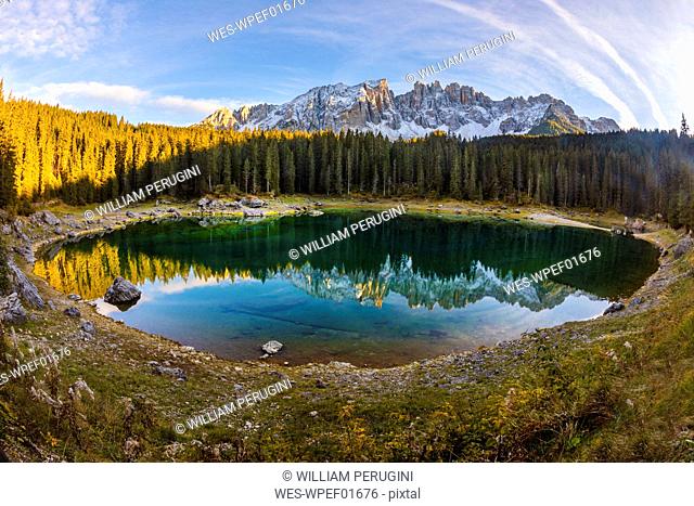 Wide angle view of Lake Carezza during sunset, Italy