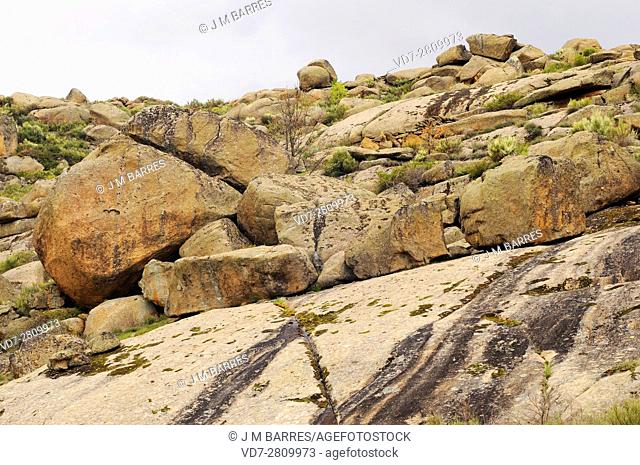 Berrocal or granite relief is a landscape formed by granite an intrusive igneous rock. This photo was taken in Navalosa, Avila, Spain