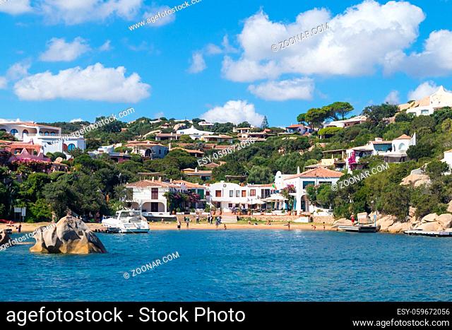 View on the beautiful village of Port Rafael from the sea, Sardinia, Italy