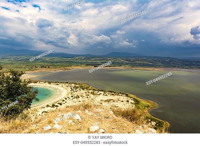 View of Voidokilia Beach and the Divari lagoon in the Peloponnese region of Greece, from the Palaiokastro (old Navarino Castle)