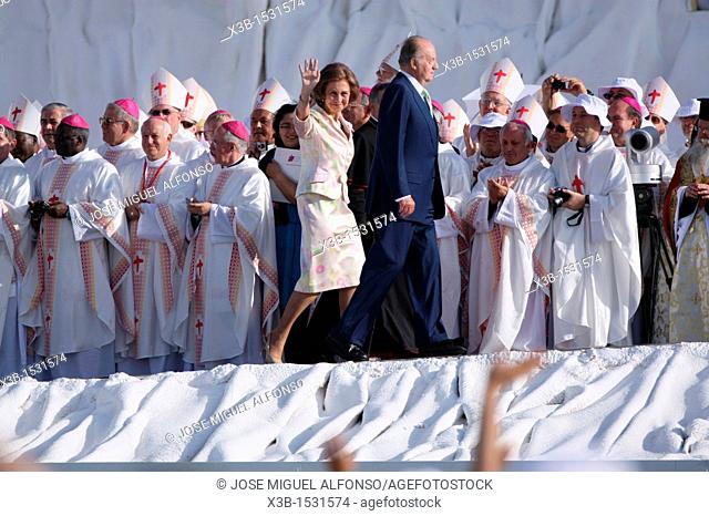 Queen Sophia and King Juan Carlos I of Spain attending Mass celebrated by Pope Benedict XVI during World Youth Days, Cuatro Vientos, Madrid, Spain  21/08/2011
