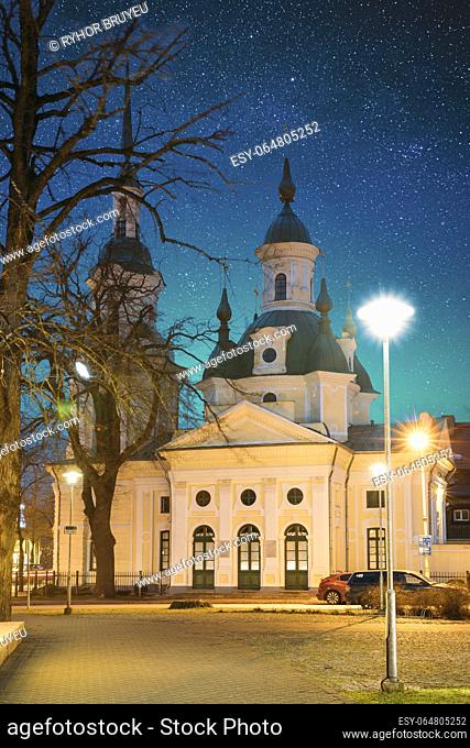 Parnu, Estonia. Night View Of Estonian Apostolic Orthodox Parnu Transformation Of Our Lord Church In Evening Night Illuminations