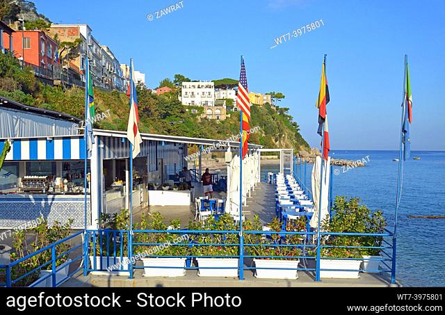 Capri, Marina Grande, buildings, coffeehouse, coffee, flags, sea, sunny day, sky blue, felicita, happiness