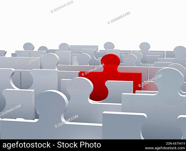 Business concept, red jigsaw puzzle piece standing out from the crowd, isolated on white background