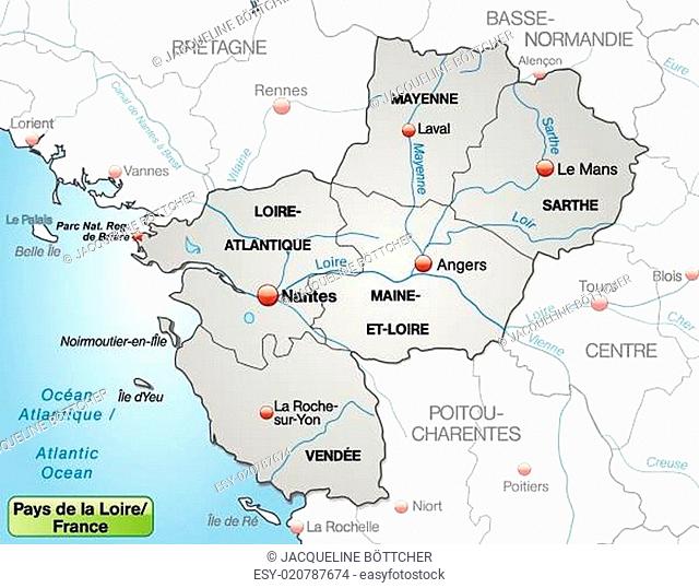 Karte von Pays-de-la-Loire mit Grenzen in Grau