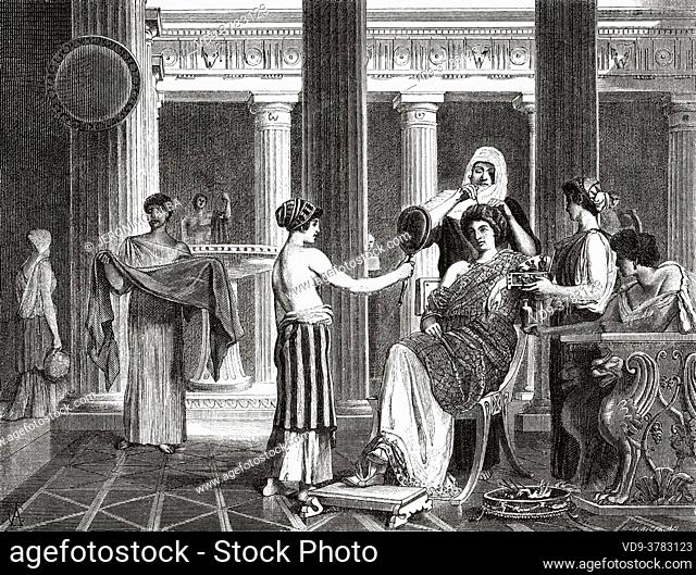 Dressing room of a distinguished roman woman, Ancient roman empire. Italy, Europe. Old 19th century engraved illustration, El Mundo Ilustrado 1881