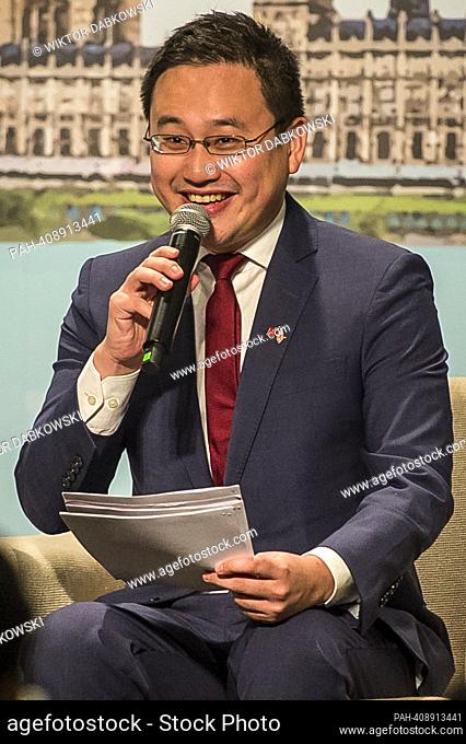 Taipei City Councilman Zhao Yixiang speaks during Former British Prime Minister Liz Truss’ press conference during her visit in Taipei