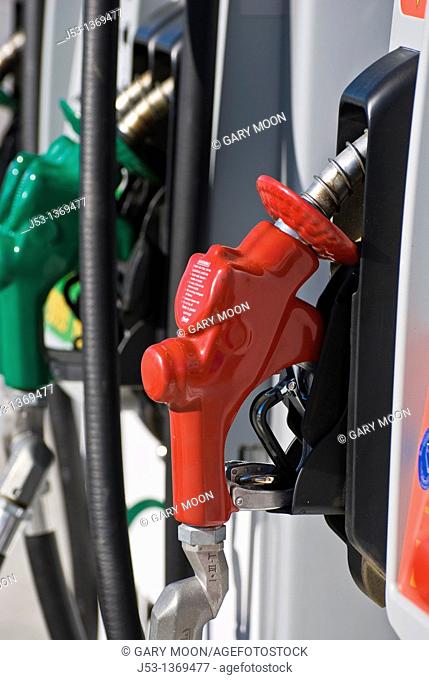 B99 biodiesel and E85 ethanol fuel pump at retail gasoline station, Minden Nevada