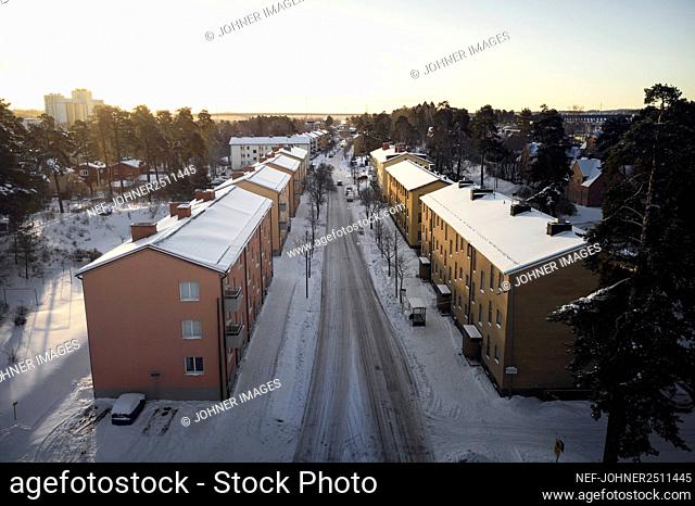 Blocks of flats along winter street