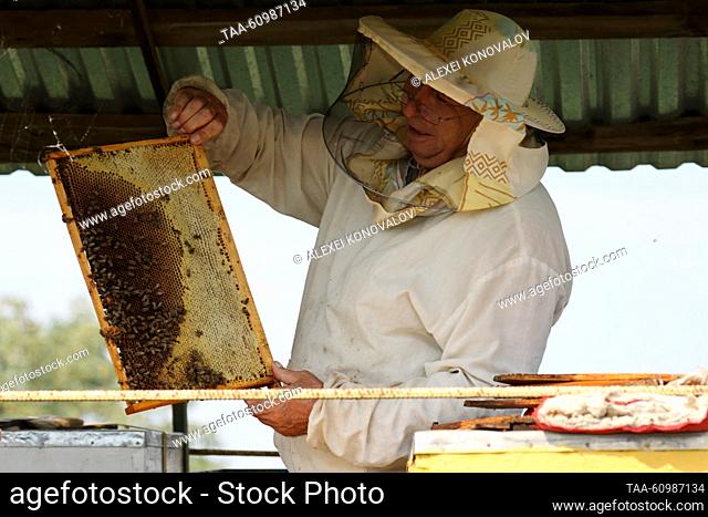 RUSSIA, KHERSON REGION - AUGUST 10, 2023: A beekeeper extracts honey from beehives on a trailer in Askania-Nova in summer. Alexei Konovalov/TASS