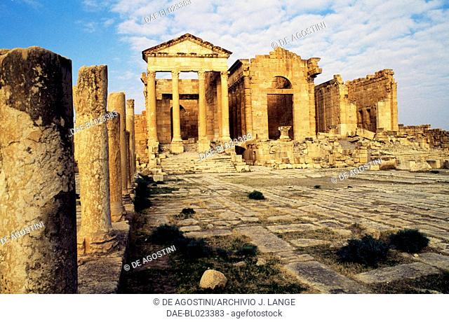 Capitolium, temples dedicated to the Capitoline Triad (Minerva, Juno and Jupiter), Sufetula, Sbeitla, Tunisia. Roman civilisation, 2nd century AD