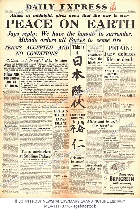 1945 front page Daily Express reporting the end of World War Two and VJ Day