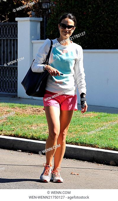 Jordana Brewster heading to the gym on a sunny day. Jordana appears to be wearing a wrist support on her left hand. Featuring: Jordana Brewster Where: Los...