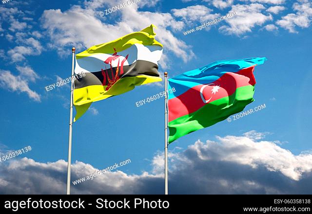 Beautiful national state flags of Azerbaijan and Brunei together at the sky background. 3D artwork concept