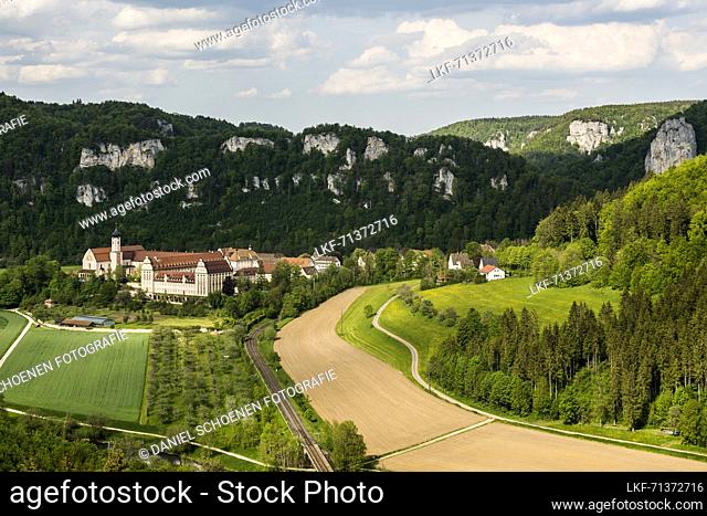View from the Knopfmacherfelsen to Beuron Abbey, near Fridingen, Upper Danube Nature Park, Upper Danube Valley, Danube, Swabian Alb, Baden-Wuerttemberg, Germany