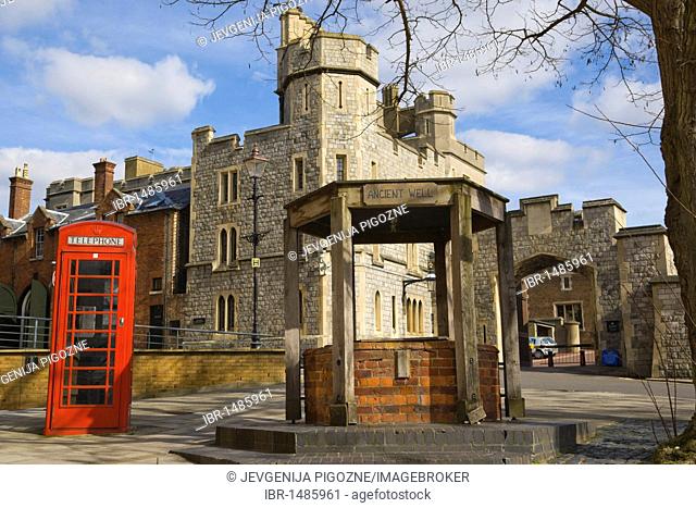 Ancient well against the forecourt of The Royal Mews, St Alban's Street, Windsor Castle, Berkshire, England, United Kingdom, Europe