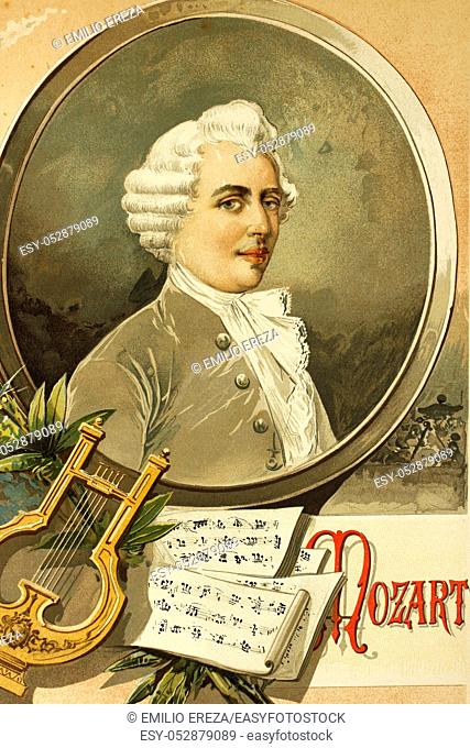 Wolfgang Amadeus Mozart. Musician and composer. 1756-1791. Antique illustration. Book of history. 1897.