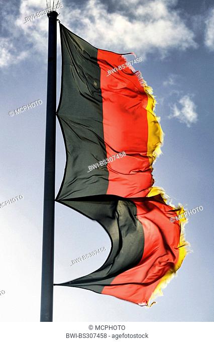 ragged german national flag waving in the wind