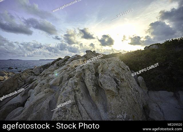 Detail of a granite rock formation in the south coast of Sardinia, taken during the sunset