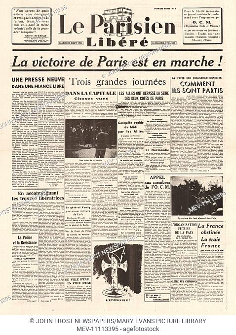 1944 Le Parisien front page reporting Allied Forces Liberate Paris