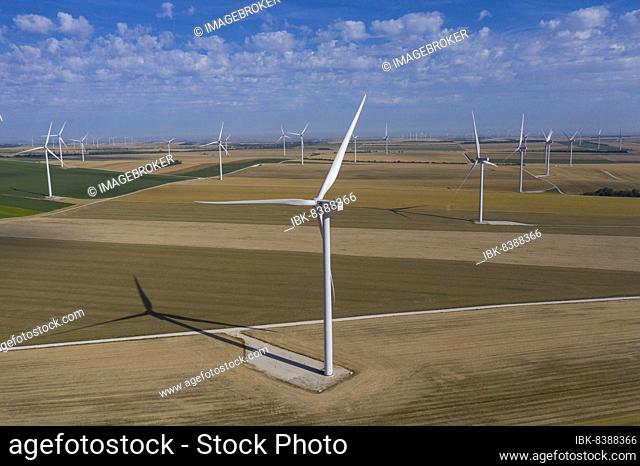 Aerial view wind farm, wind turbines on fields, symbolic image renewable energies, France, Europe