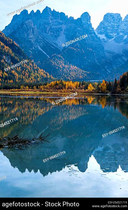 Autumn peaceful alpine lake Durrensee or Lago di Landro. Snow-capped Cristallo rocky mountain group behind, Dolomites, Italy, Europe