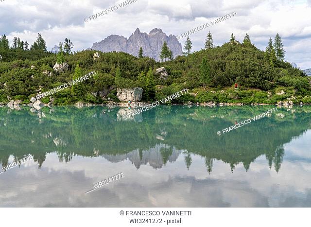 Lake Sorapis by Cadini mountain group on Cortina d'Ampezzo, Italy, Europe