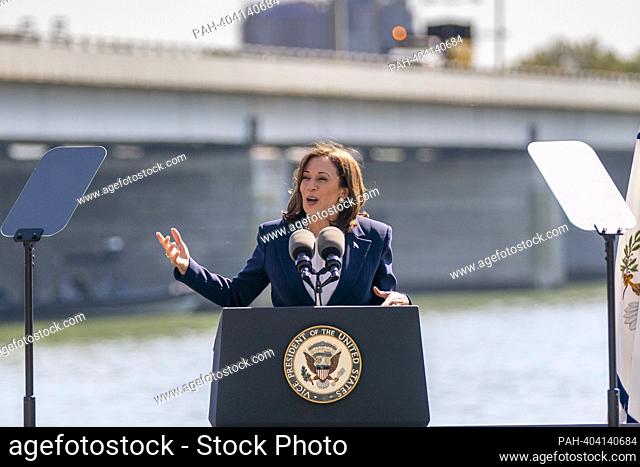 United States Vice President Kamala Harris delivers remarks at an Investing in America event in Washington, DC, USA, 13 April 2023