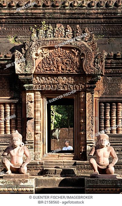 Statues of the Hanuman deity as temple guardians, Banteay Srei temple, Citadel of the Women, Angkor, Cambodia, Southeast Asia