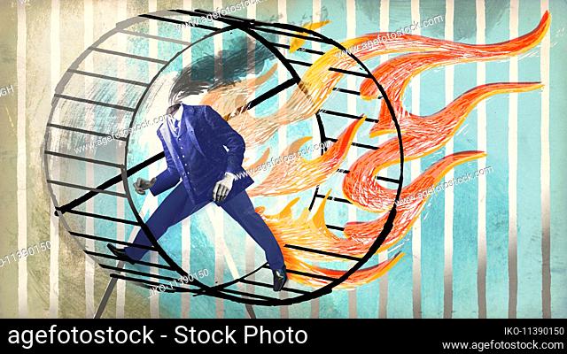 Headless businessman burning up in exercise wheel