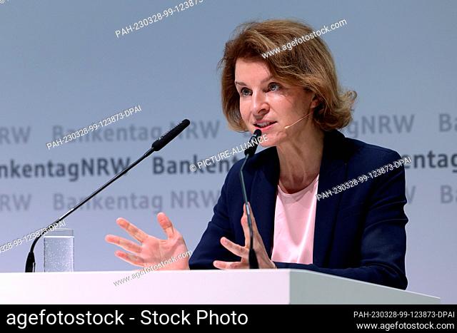 28 March 2023, North Rhine-Westphalia, Duesseldorf: Sabine Mauderer, Member of the Executive Board of Deutsche Bundesbank, speaks at the NRW Banking Day