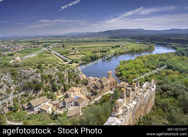 Looking at the meander of the Ebro river in Miravet, seen from a viewpoint bastion of the Miravet castle (Ribera d'Ebre, Tarragona, Catalonia, Spain)