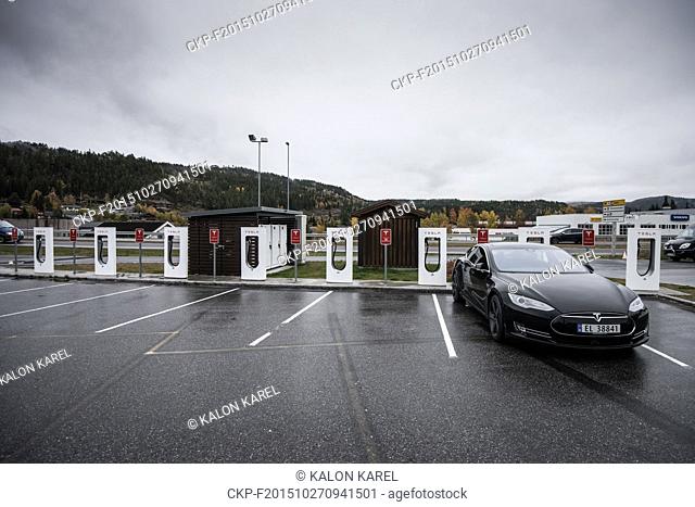 Supercharger station for charging Tesla S electric cars in Bergen, Norway, on October 26, 2015. (CTK Photo/Karel Kalon)