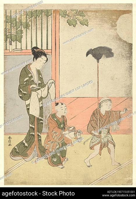 Woman and playing boys, Woman in kimono with a pattern of snowy bamboo, looking at two boys playing a daimyo procession. At the front a boy with a broom in his...